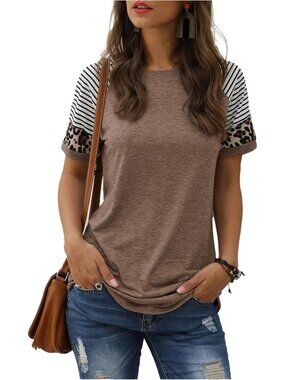 Women's Brown Summer Casual Shirts Short Sleeve Striped Tunic Tops Blouses